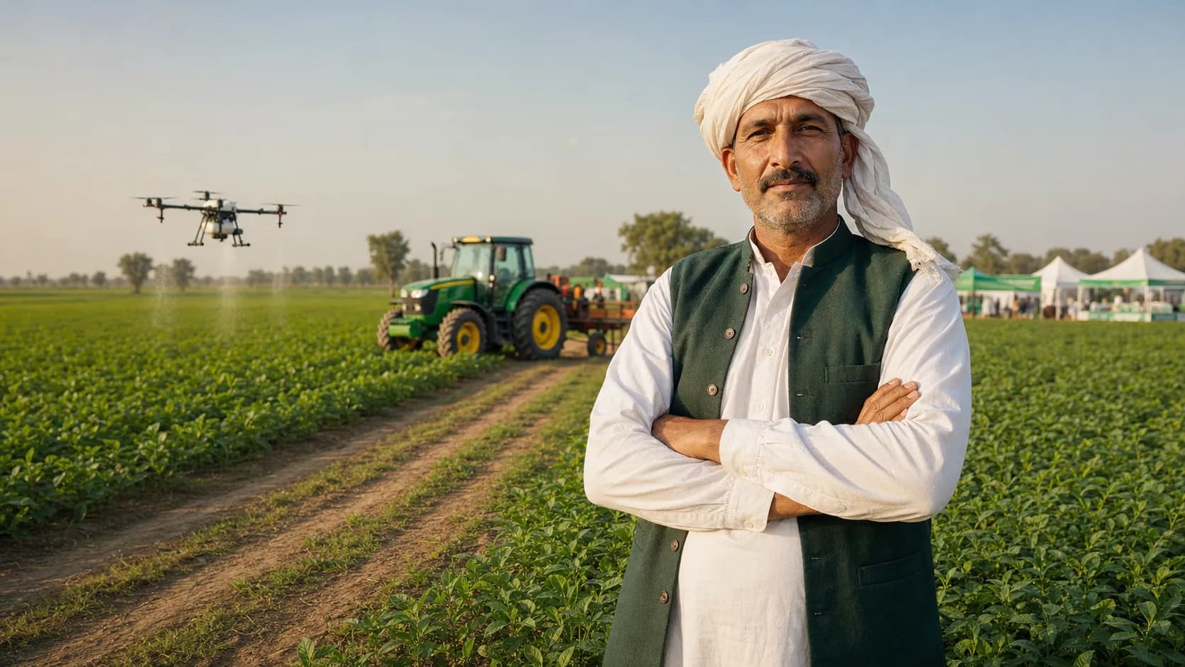 Pakistani farmer with modern tractor and agriculture drone at Kissan AgriFest