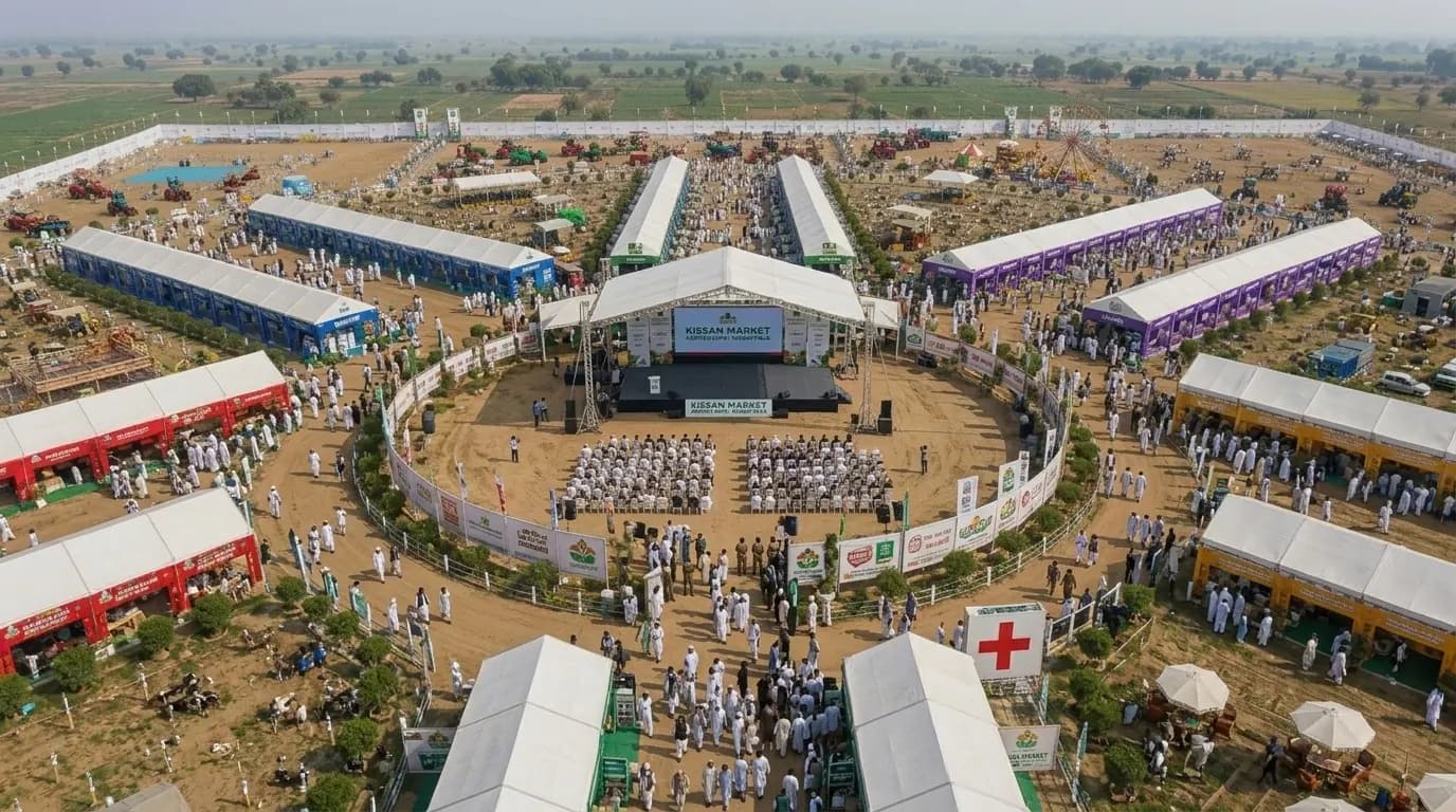 Proposed central stage at Kissan AgriFest surrounded by exhibition pavilions and agriculture displays