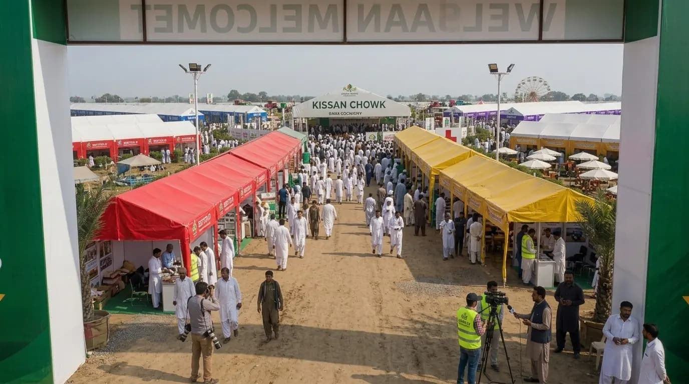Proposed Kissan AgriFest exhibitor boulevard with color-coded stalls and visitor circulation