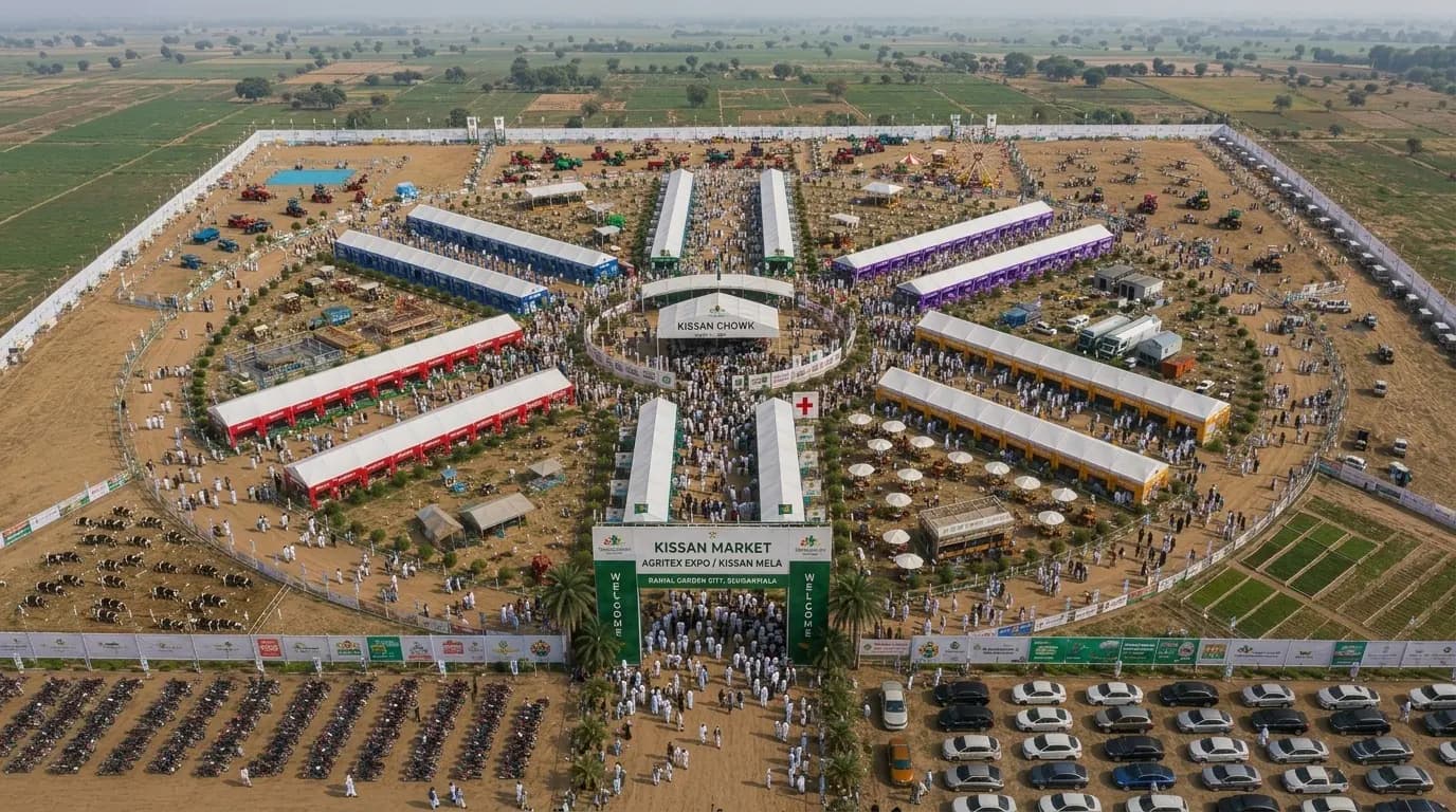 Proposed Kissan AgriFest field masterplan showing four pavilion groups around a central gathering area