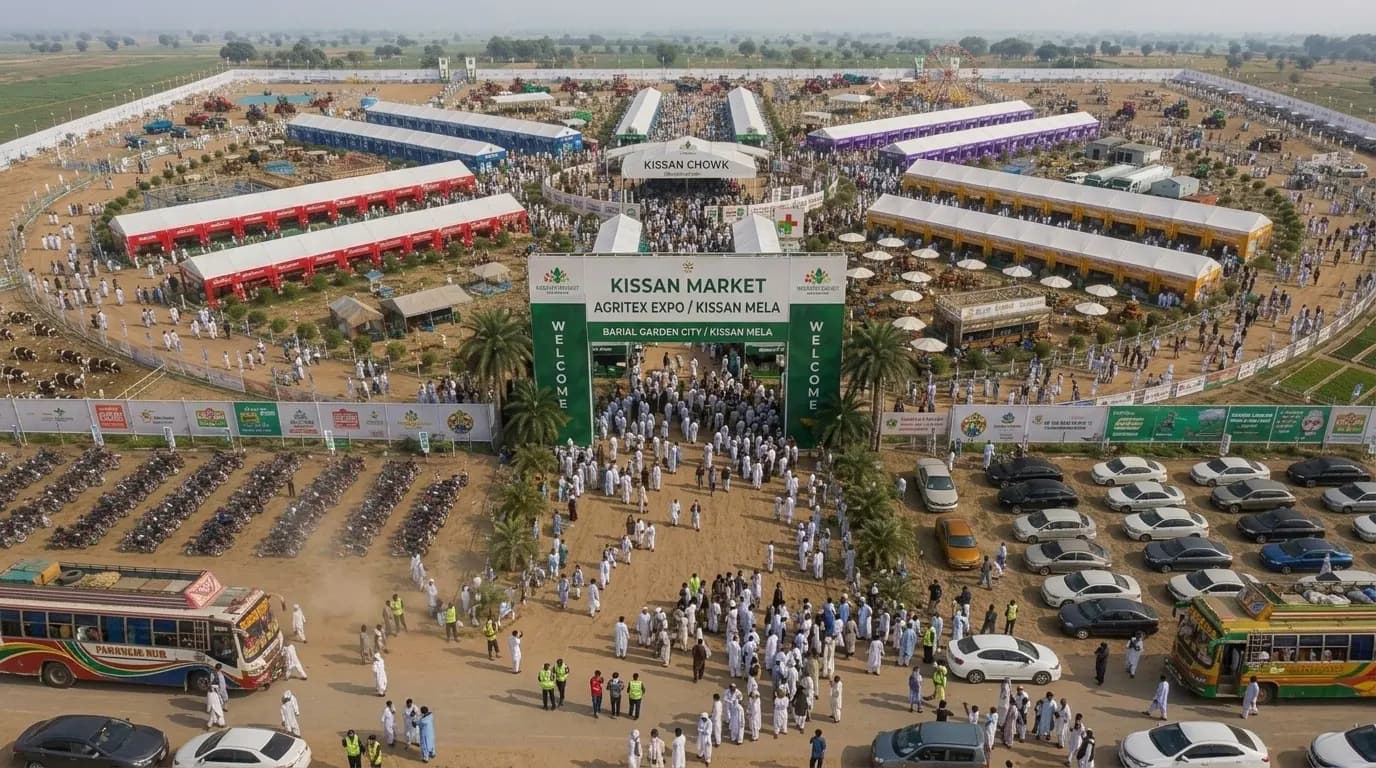 Proposed aerial site plan for Kissan AgriFest with entrance, parking, pavilions, central stage and field zones